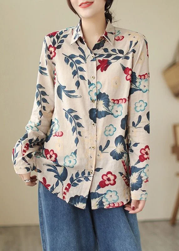 Body Design Loose Peter Pan Collar Button Print Cotton Shirt Long Sleeve