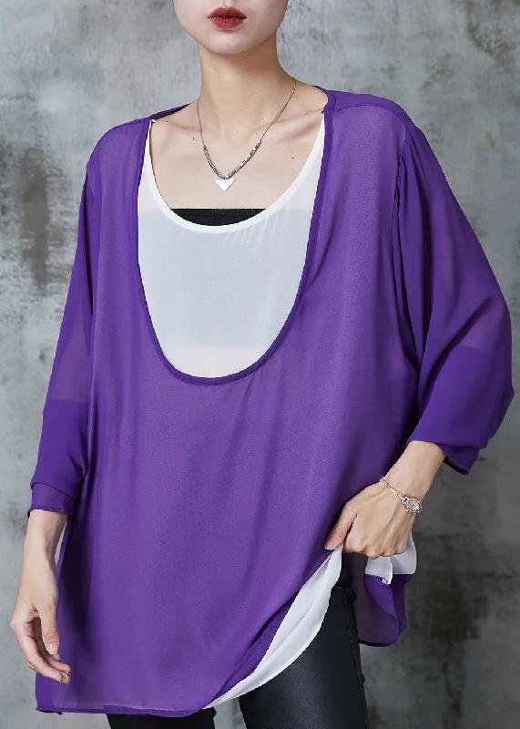 Trendy Comfort Purple Patchwork Chiffon Fake Two Piece Tops Oversized Summer