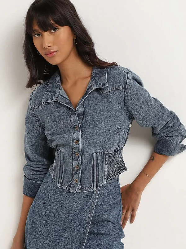 Fresh And Fashionable Nuon Light Blue Denim Fitted Crop Jacket