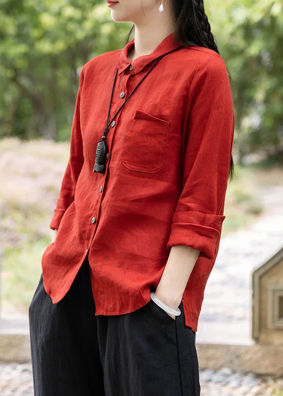 Elegant Outline Vintage Red Peter Pan Collar Pockets Shirts Spring