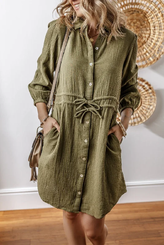 Simple Design Jungle Green Textured Bracelet Sleeve Collared Button Up Dual Tied Mini Dress