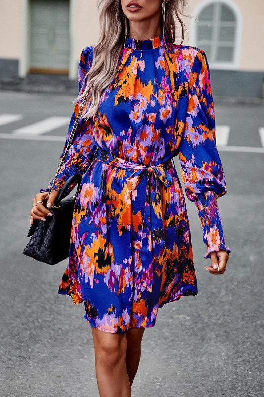 Bright Colors Devine Printed Tie Waist Mock Neck Lantern Sleeve Dress