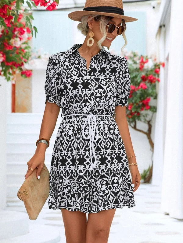 Lace Design Women Print Button Down Mini Dress