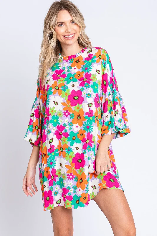 American Style GeeGee Full Size Floral Round Neck Lantern Sleeve Mini Dress