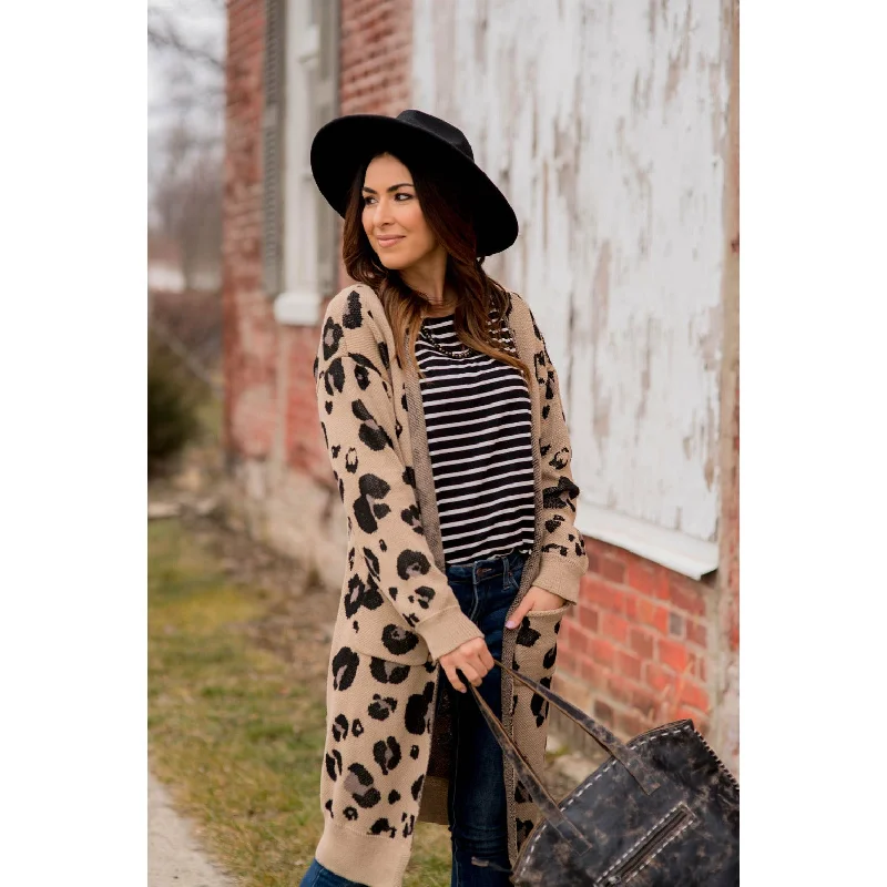 Leopard Raw Edge Pocket Tunic Cardigan