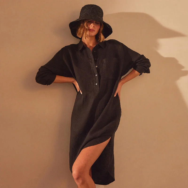 Basic Version Satin dress Linen Shirt Dress - Black