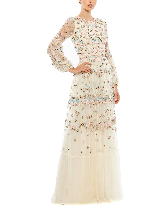 Mac Duggal Embroidered High Neck Illusion Sleeve Tiered Gown