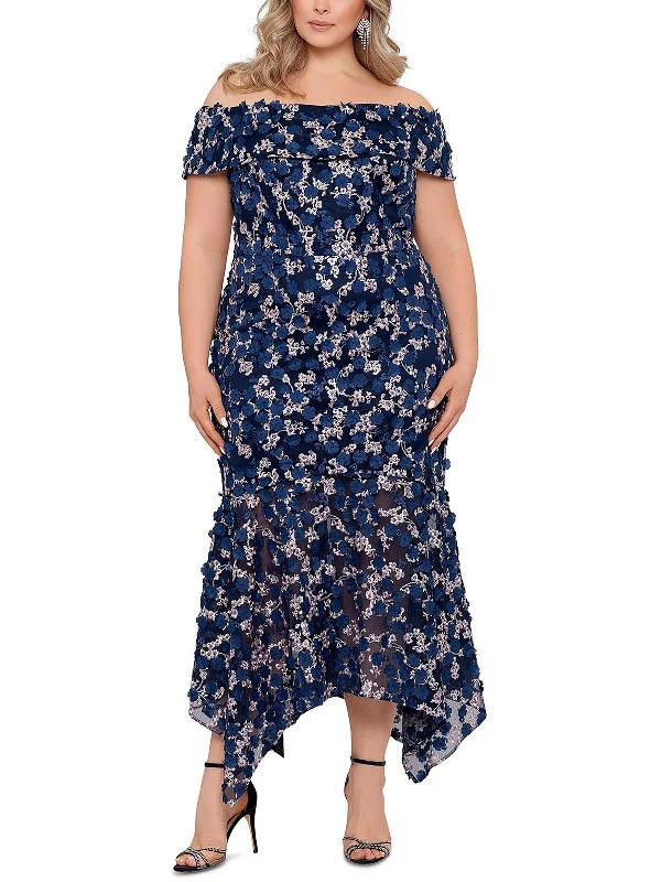 Fresh And Fashionable Floral wrap dress Plus Womens Floral Off-The-Shoulder Evening Dress