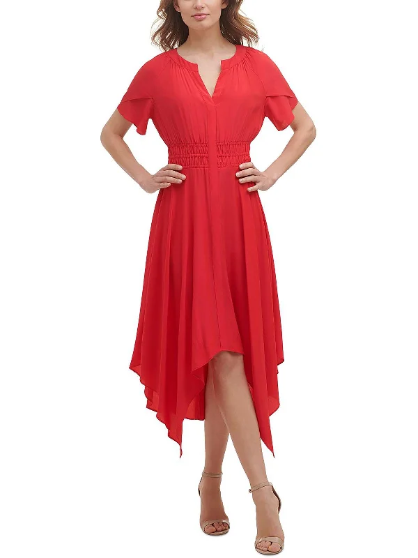 Womens Gathered Mid Calf Midi Dress