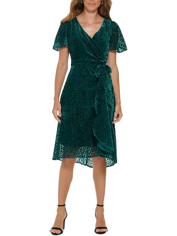 Womens Velvet Knee Wrap Dress