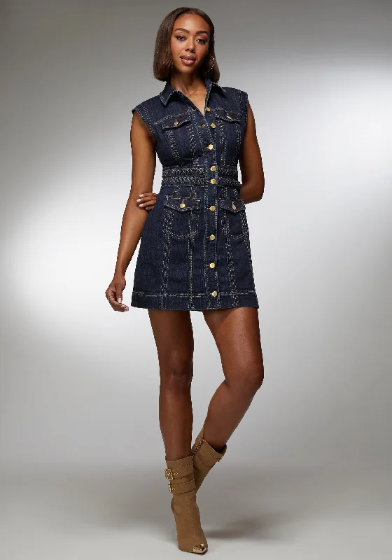 Versatile Wear Button Front Braided Waist Denim Dress