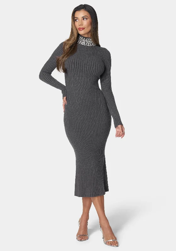 Integrated Design Crystal Neck Midi Sweater Dress