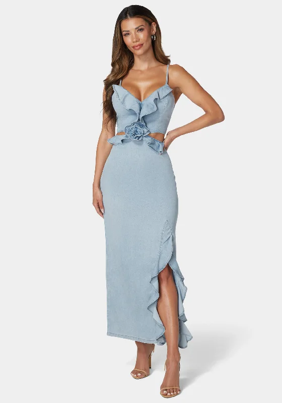 Economic Outlook Cut Out Rosette Detail Maxi Denim Dress