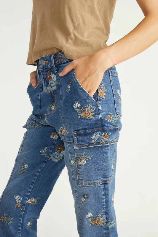 Elegant Outline Trendy paperbag pants Denim Cargo Pants In Blue Mania