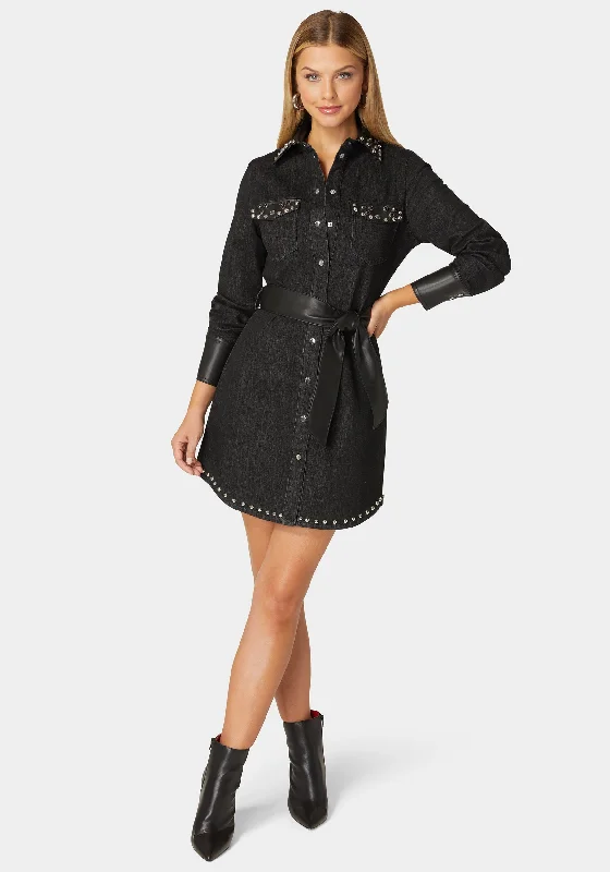 Easy Fashion Fitted Combo Vegan Leather Studded Denim Shirt Dress