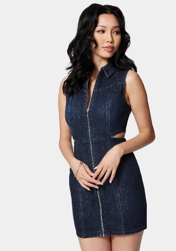 New Design Front Zip Side Cut Out Denim Dress