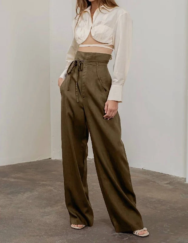 High Rise Waist Tie Wide Leg Pants In Mocha