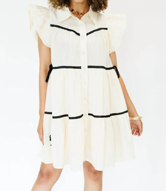 Fashionable In The Times Lace Bow Detail Collared Dress In Ecru