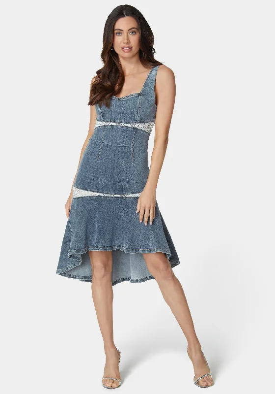 Fashion And Simplicity Lace Insert High Low Denim Dress