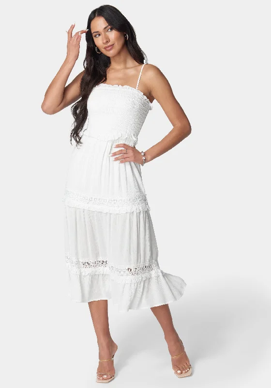 Fashion Must-have Lace Inset Smocked Midi Dress