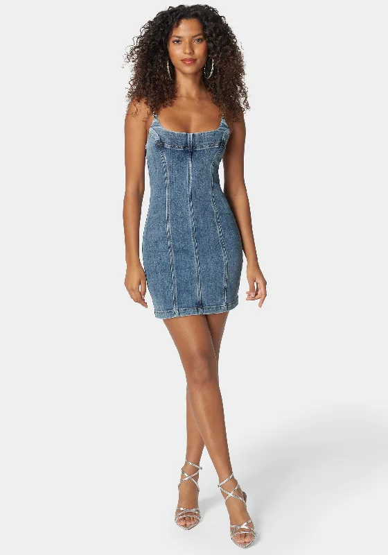 Casual Elegance Metal Strap Detail Fitted Denim Dress