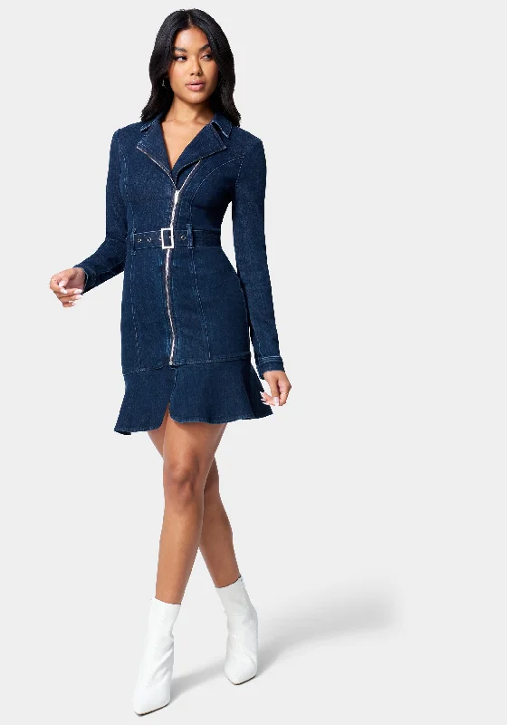 Basic Version Moto Style Belted Denim Dress