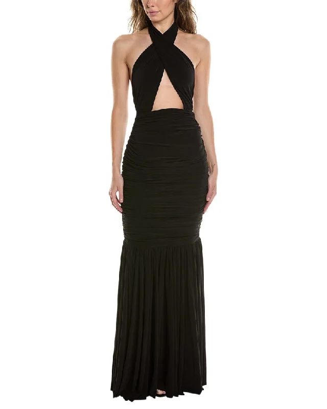 High-end Fashion Norma Kamali Cross Halter Fishtail Gown