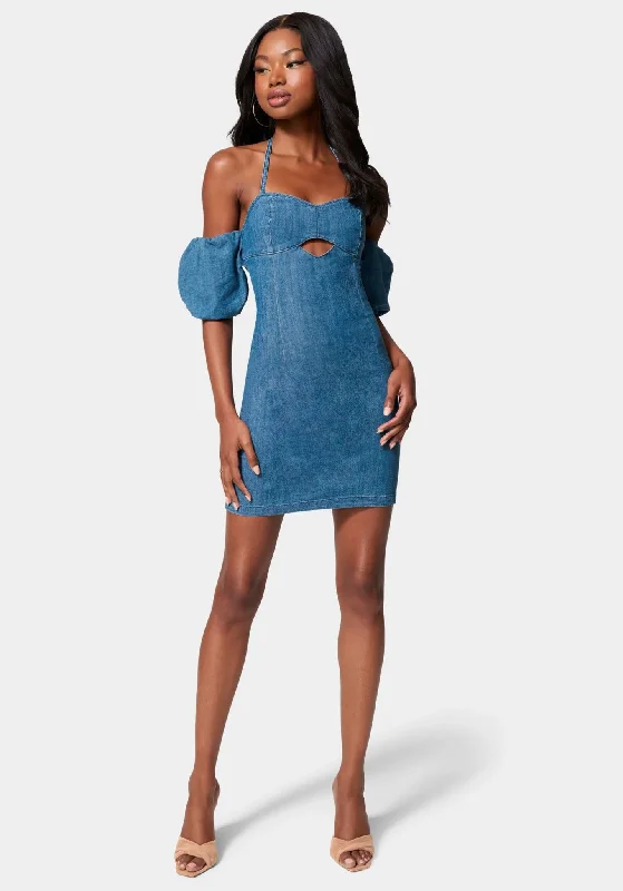 Classic Style Off Shoulder Bubble Sleeve Denim Dress