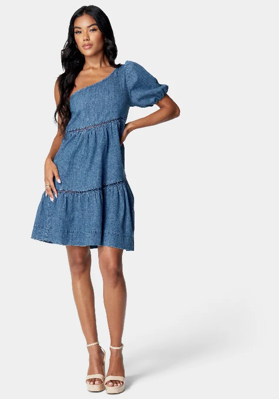 Lounge Wear One Shoulder Asymmetric A Line Denim Dress