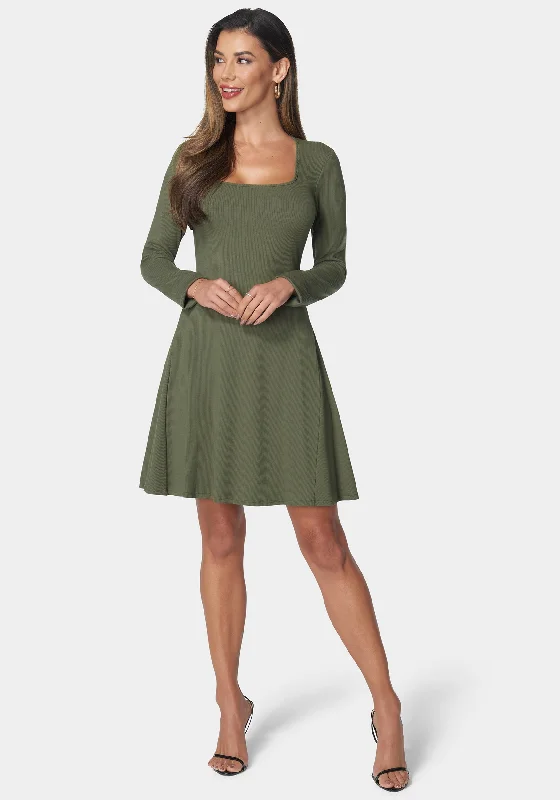 Unique Fashion Rib Long Sleeve Godet Dress