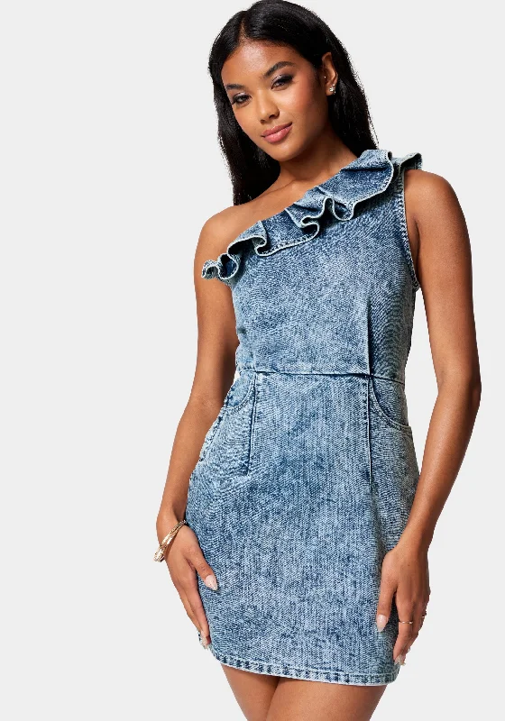 British Style Ruffle Detail Lurex Denim Dress