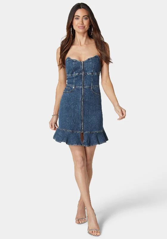 Classic Items Scalloped Neckline Zip Up Denim Dress