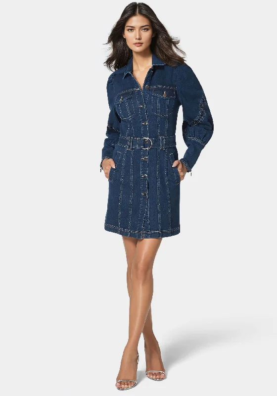 Stylish Comfort Sleeve Detail Front Button Denim Dress