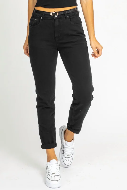 Versatile Itinerary Elastic waist denim Straight Leg Jeans In Black