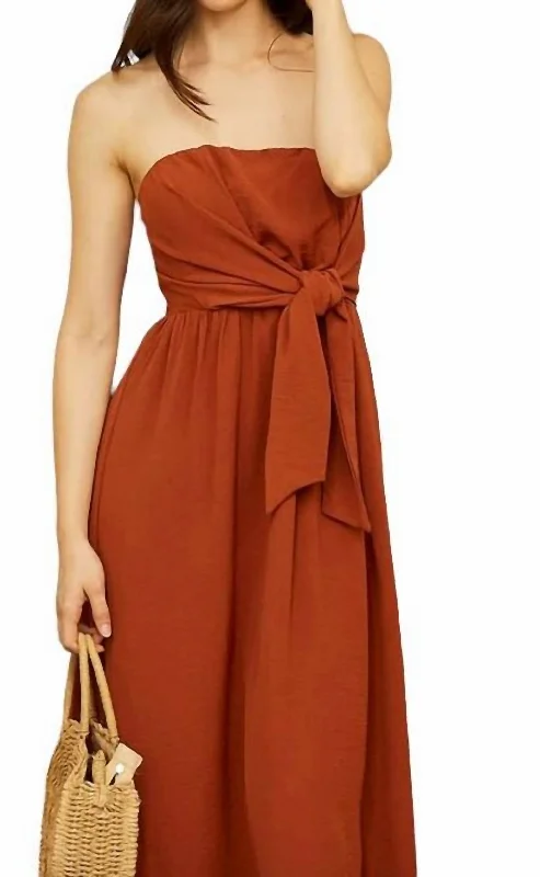 Comfortable Mind Strapless Midi Dress In Rust