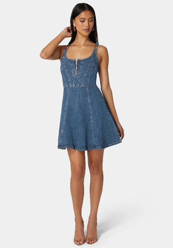 Exquisite Tailoring Trim Detail Fit & Flare Denim Dress