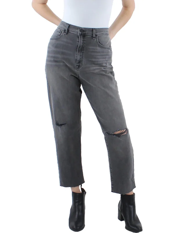 Womens Distressed Frayed Hem Straight Leg Jeans