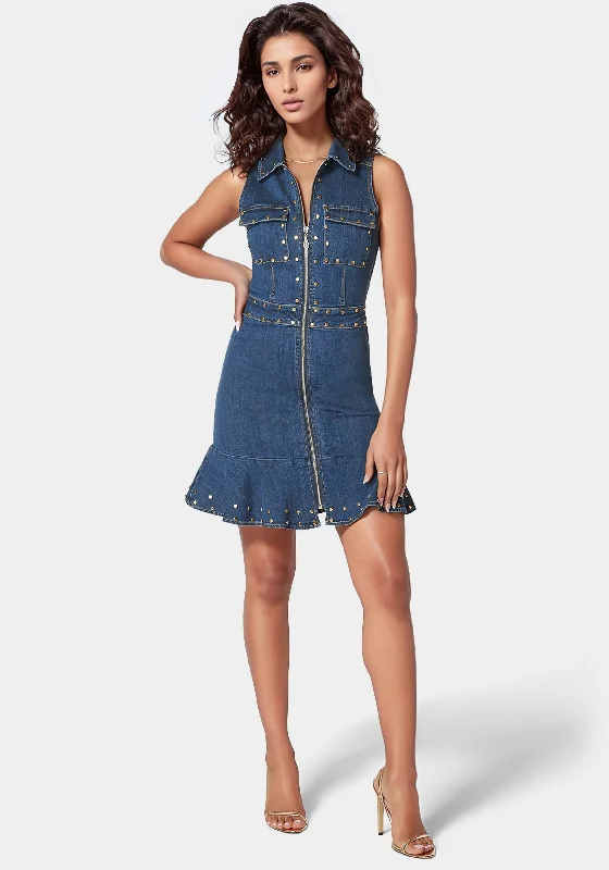 Noble And Elegant Zip Front Stud Detail Fit And Flare Denim Dress