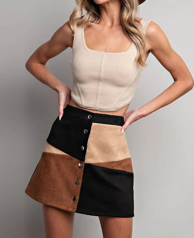 Must-have For Autumn And Winter Formal pleated skirt Color Block Button Down Mini Skirt In Black/brown/tan