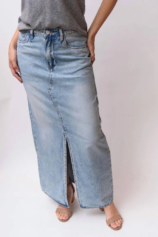 High Street Series Plaid skirt Denim Maxi Skirt In Medium Blue Wash