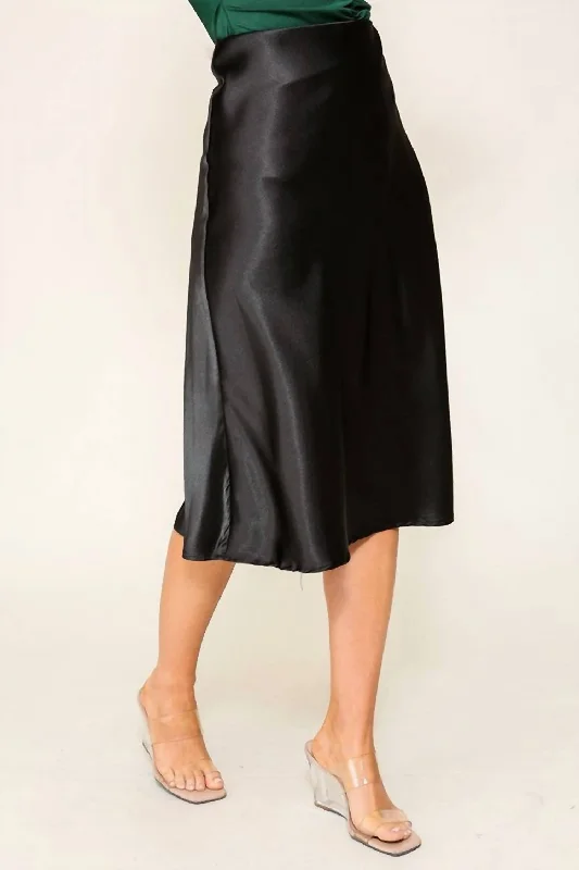 Comfortable Fashion Stretch A-line skirt Satin Midi Skirt In Black