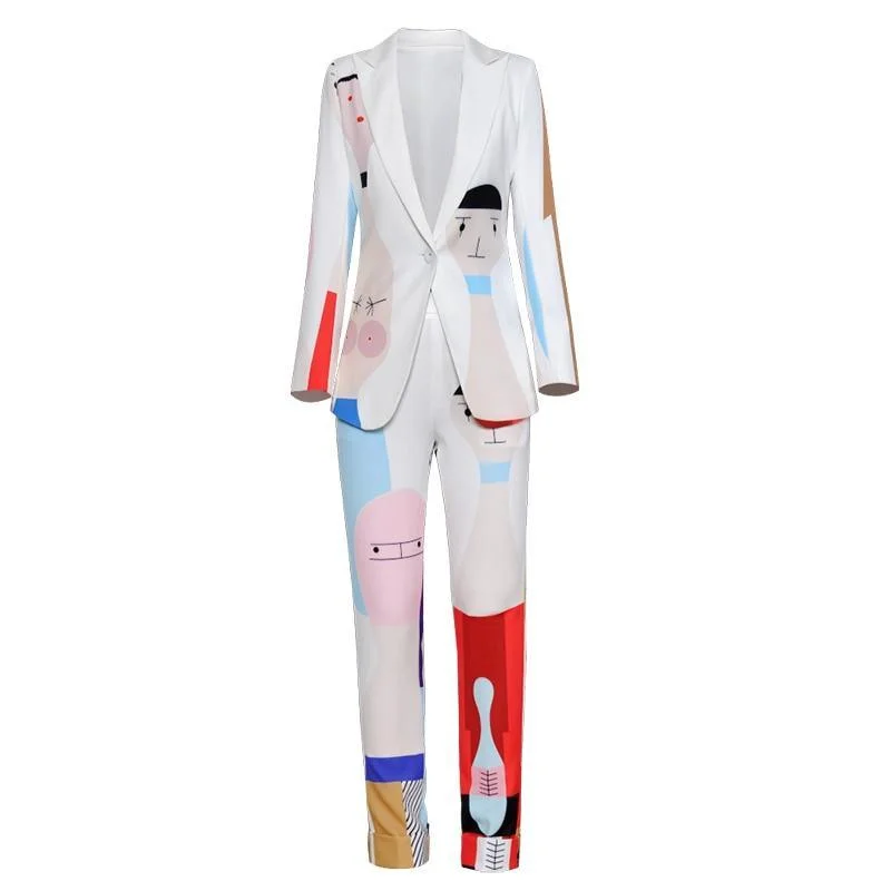 High-quality Design Tailored Cartoon Print One Button Women's Pants Suit