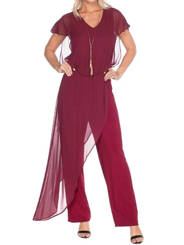 Jumpsuit With Chiffon Overlay In Burgundy