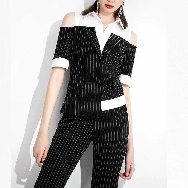 Personal Design Business-casual Pinstriped Black-White Women's Suit