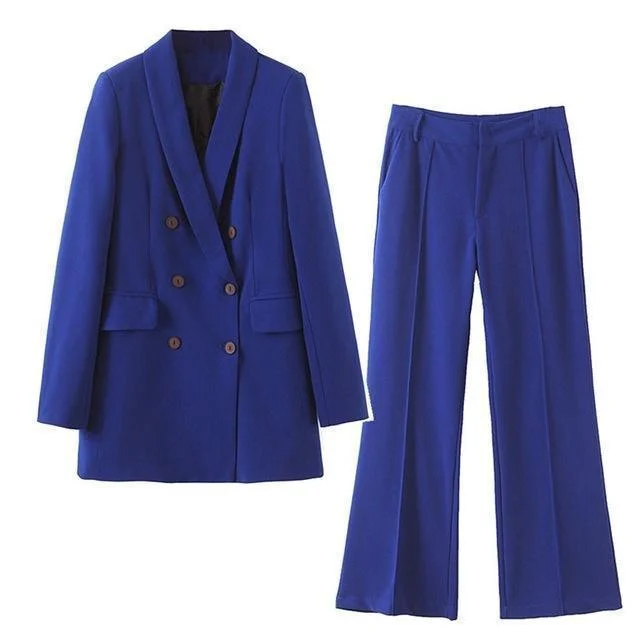 Classic Design Double-breasted Women Pants Suit, Double Breast Suit, High Waist, Blue