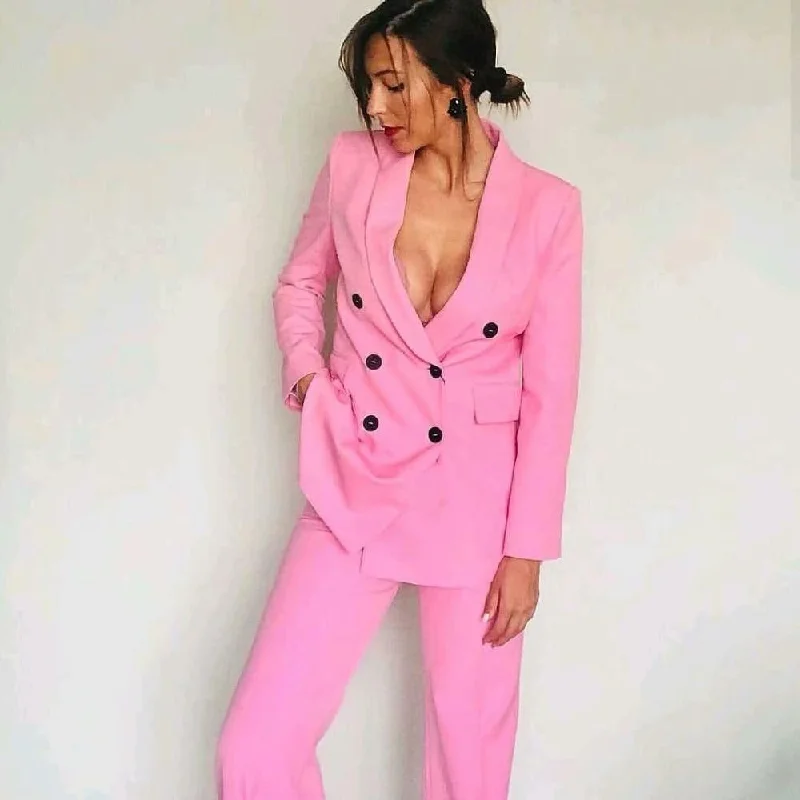 Elegant Outline Fitted Women Pants Suit, double Breasted Women Suit, Pink