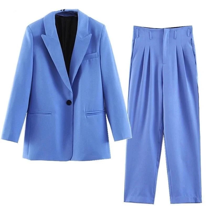 Personal Charm Single-breasted Women Pants Suit, One Button Suit, Pleated Pants, Blue