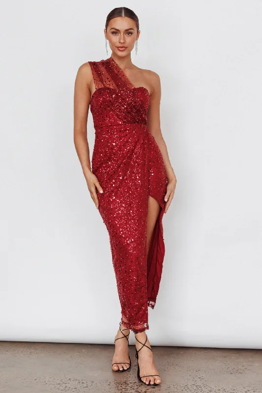 Lounge Wear Sequin wrap-around dress Doniella One-Shoulder Split Sequin Maxi Dress Wine