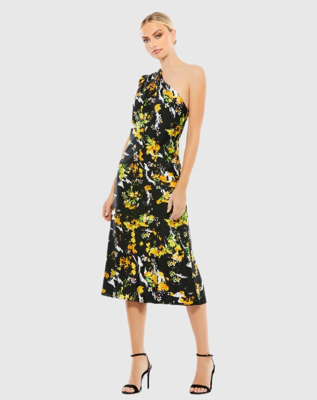 Cozy Look Evening party dress Floral Print Draped One Shoulder Midi Dress - FINAL SALE