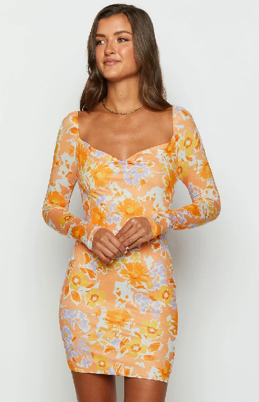 Editorial Design Feather-trimmed party dress Ashi Orange Floral Long Sleeve Mini Dress